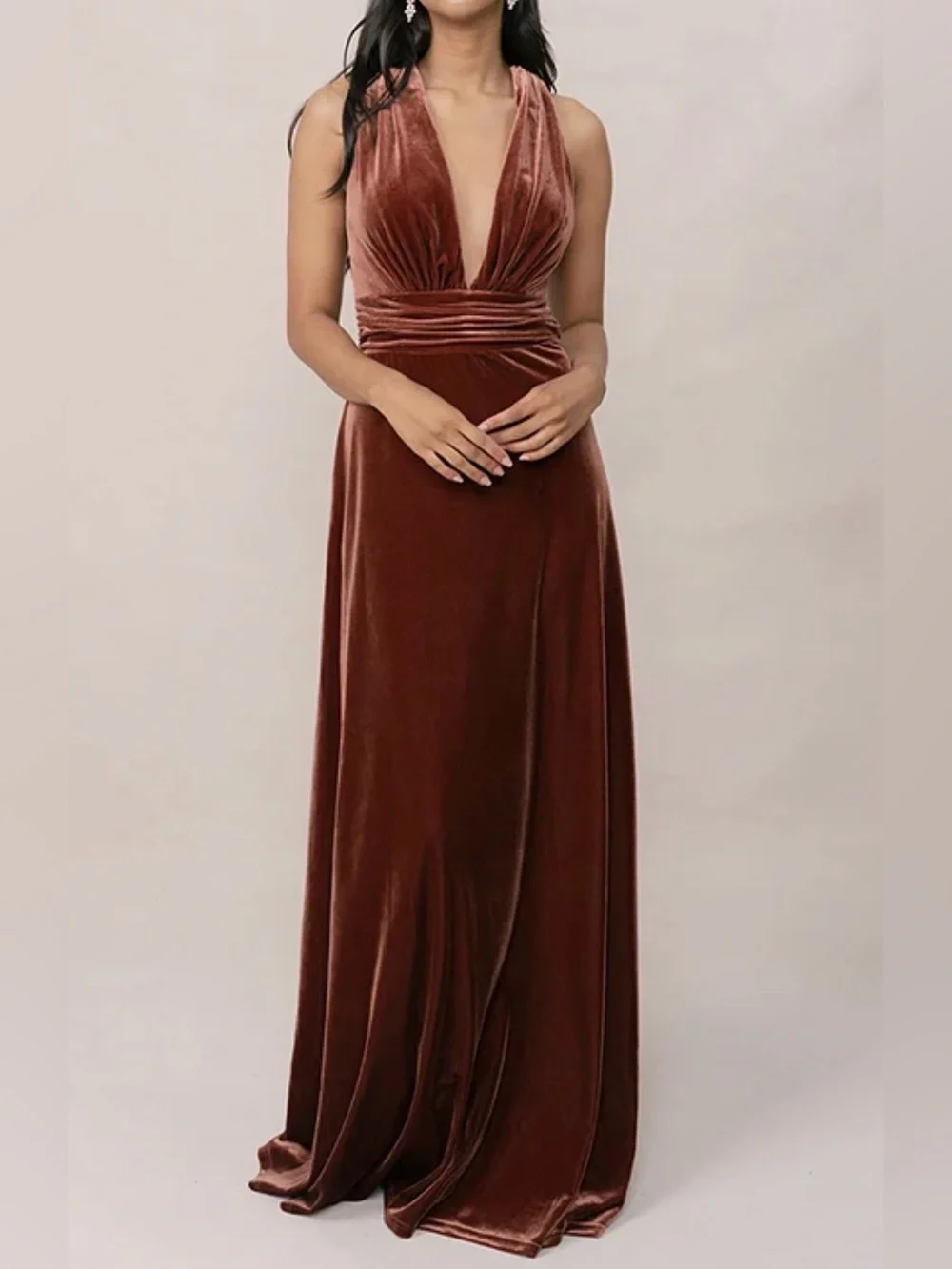 Revelry Sleeveless Plunge Velvet Maxi Dress in Terracotta